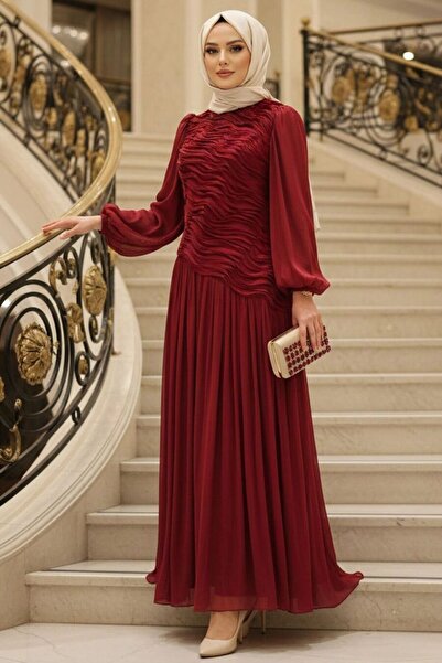 N.S NEVA STYLE Wave Pattern Gathered Burgundy Hijab Evening Dress 5538Br