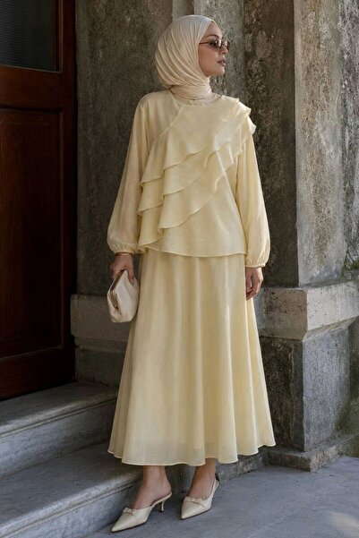 Neva Style Asymmetrical Layered Ruffle Detailed Yellow Hijab Suit 5331Sr