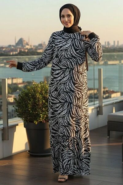 Neva Style Yaprak Desenli Ekru Tesettür Elbise 22970E