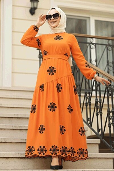 Neva Style فستان تيزيت برتقالي بنقشة الزهور 1332T