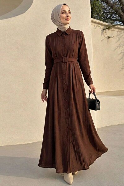 Neva Style عباءة حجاب من قماش الفراولة البني بأزرار 30389KH