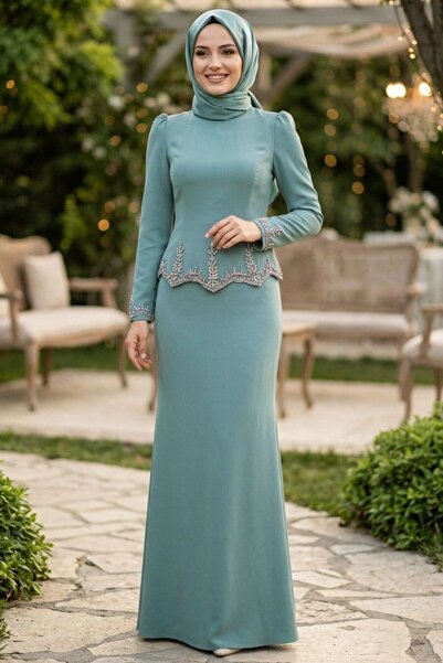 N.S NEVA STYLE Beaded Detailed Mint Hijab Evening Dress 54191Mint