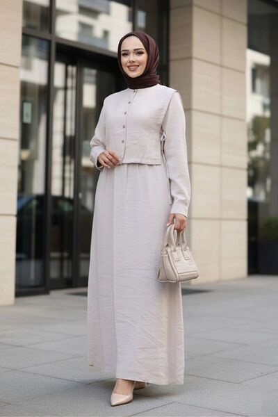 N.S NEVA STYLE فستان حجاب بيج بتفاصيل سترة 7705BEJ