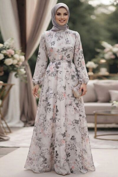 Neva Style Çiçek Desenli Bej Tesettür Elbise 27963BEJ