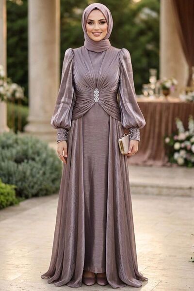 N.S NEVA STYLE Stone Buckle Draped Dark Lilac Hijab Evening Dress 5705Klila