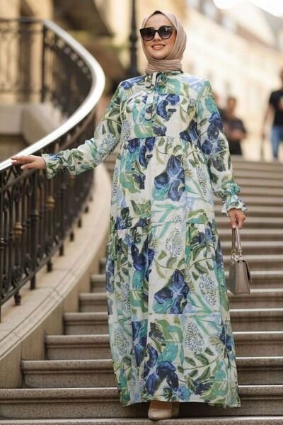 Neva Style Floral Print Indigo Blue Hijab Chiffon Dress 23604Im