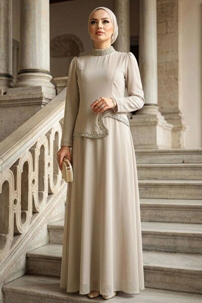N.S NEVA STYLE Beaded Embroidered Beige Hijab Evening Dress 48081Bej