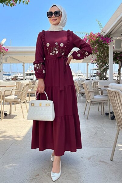 N.S NEVA STYLE Desenli Bordo Tesettür Elbise 10327BR