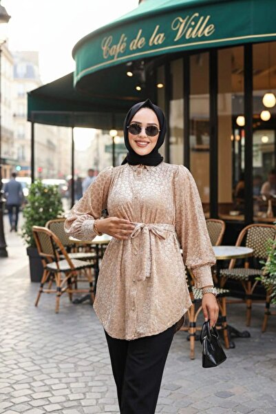 Neva Style تونيك حجاب بيج منقوش 92670BEIGE