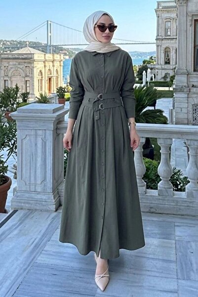 N.S NEVA STYLE Gömlek Yaka Kemerli Açık Haki Tesettür Elbise 30951AHK