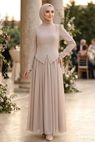 N.S NEVA STYLE Adriana Beige Stone Detailed Hijab Evening Dress 21592Bej