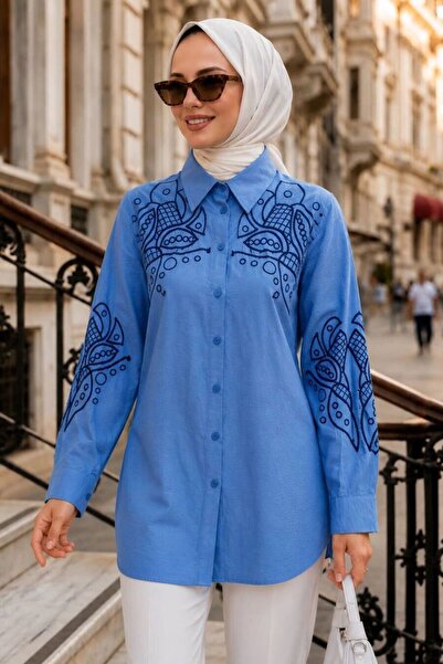 Neva Style Embroidery Detailed Poplin Indigo Blue Hijab Shirt 15697Im