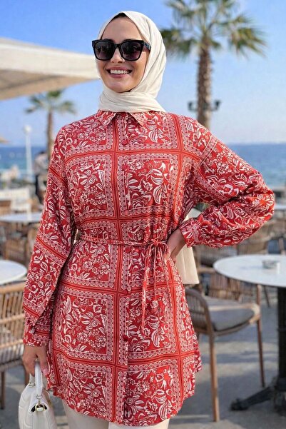 N.S NEVA STYLE Patterned Red Hijab Tunic 26601K