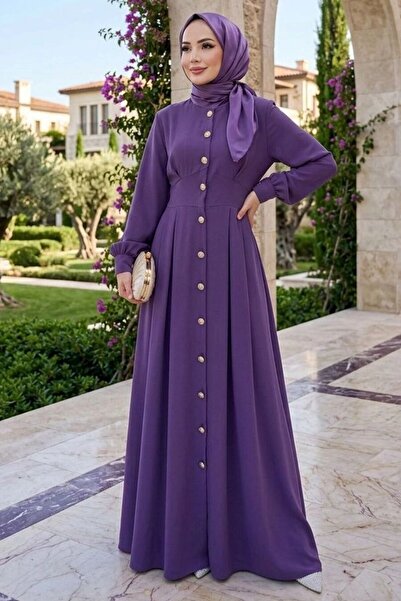Neva Style فستان عباية إسلامية من الكريب الداكن الليلكي بأزرار 10191KLILA