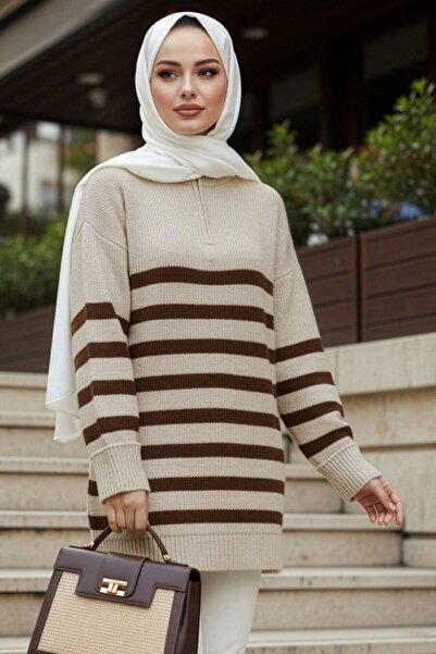 N.S NEVA STYLE سترة تريكو مخططة باللون البيج 71821BEJ