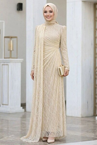 N.S NEVA STYLE فستان سهرة دانتيل بيج للحفلات الإسلامية 5659BEJ