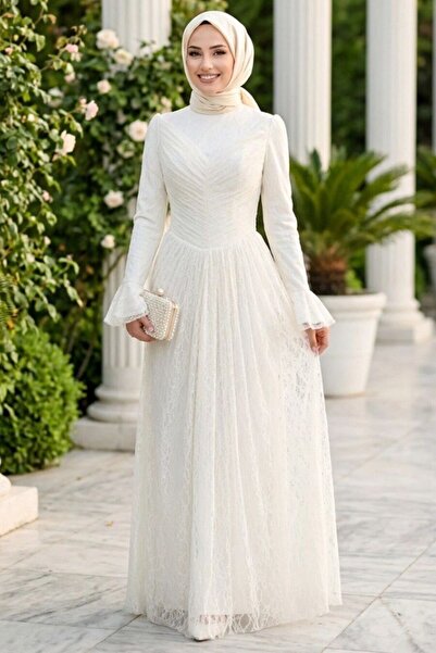 N.S NEVA STYLE فستان سهرة دانتيلي كريمي للحفلات الإسلامية 56561KR