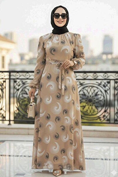 Neva Style Desenli Bej Tesettür Elbise 27945BEJ