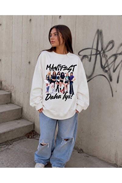 Butik Kız Çocuk Pamuklu Oversize Sweatshirt Manifest Baskılı