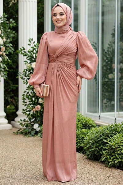 N.S NEVA STYLE فستان سهرة بتفاصيل ثنى وغطاء للرأس 52285PD