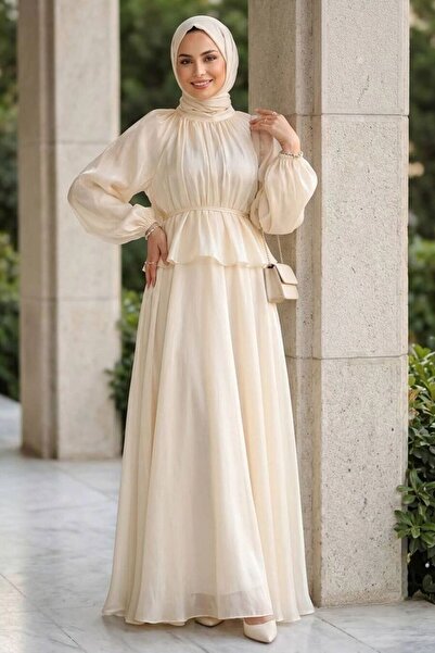 Neva Style Büzgülü Yaka Peplum Janjan Şifon Taş Tesettür İkili Takım 82902TAS