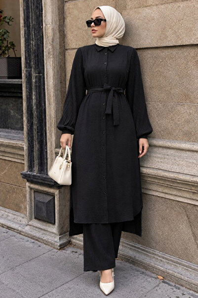 Neva Style Buttoned Black Hijab Double Set 12581S