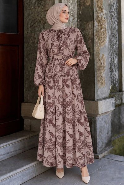 N.S NEVA STYLE Shawl Patterned Tie-Waist Dark Beige Hijab Dress 24761Kbej