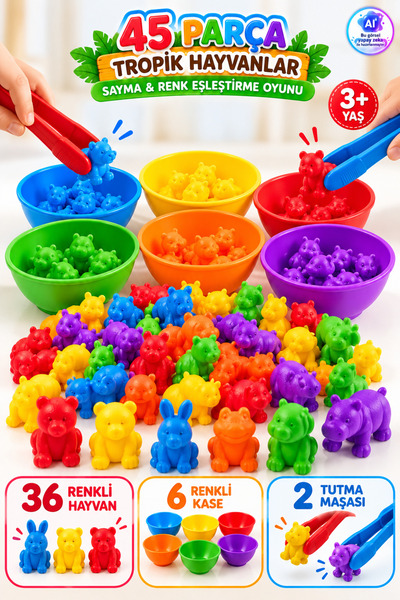 YILDIRIM OYUNCAK Montessori Tropik Hayvanları Sayma Oyunu 45 Parça – Renk Eşl...