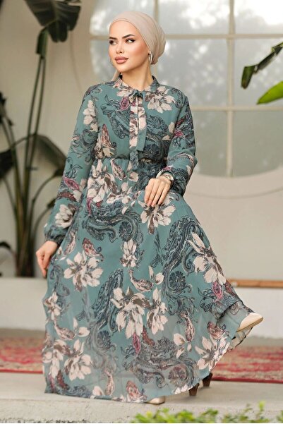 Neva Style فستان محتشم باللون الأخضر الفستقي، بنقشة زهور - 50355CY