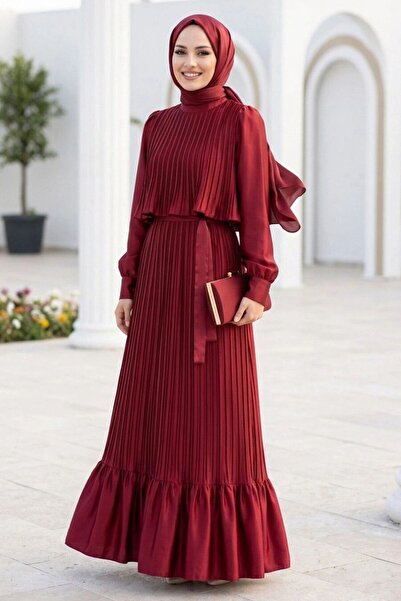 Neva Style Saten Krep Bordo Piliseli Tesettür Elbise 95704BR