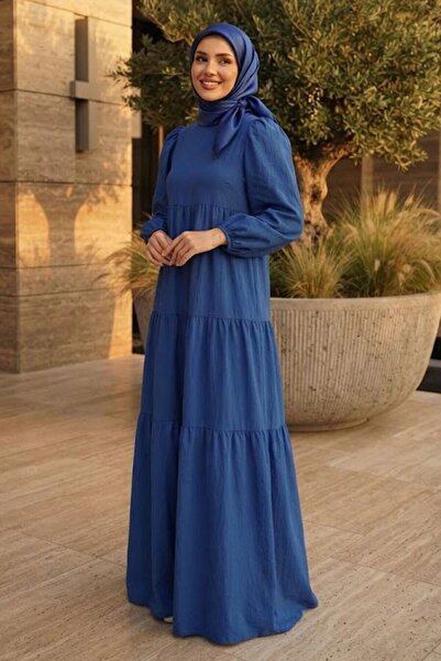 N.S NEVA STYLE فستان زارا من الكتان بأكمام طويلة ولون أزرق نيلي داكن 15702KIM