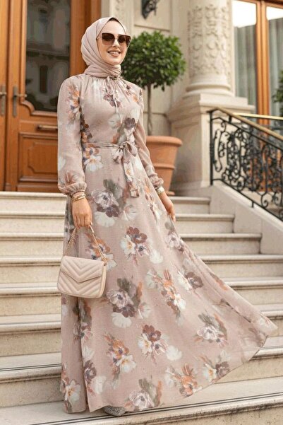 Neva Style Çiçek Desenli Vizon Tesettür Elbise 27926V