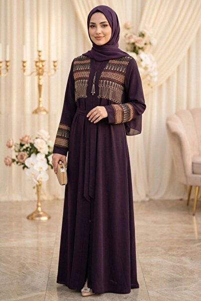 Neva Style فستان تيسيتور بحزام مزين بتطريز شريطي بلون البرقوق 29141MU