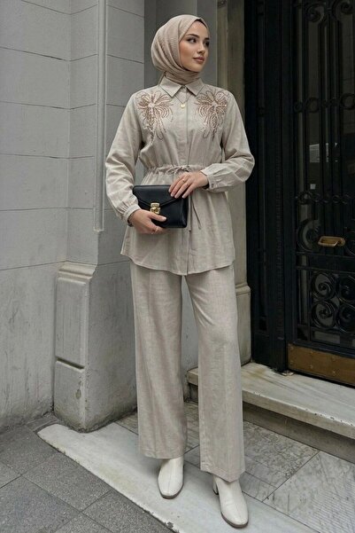 Neva Style Taş İşlemeli Gömlek Yaka Taş Tesettür Takım 26189TAS