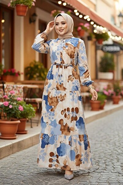 Neva Style Flower Print Brown Hijab Dress 10214Kh