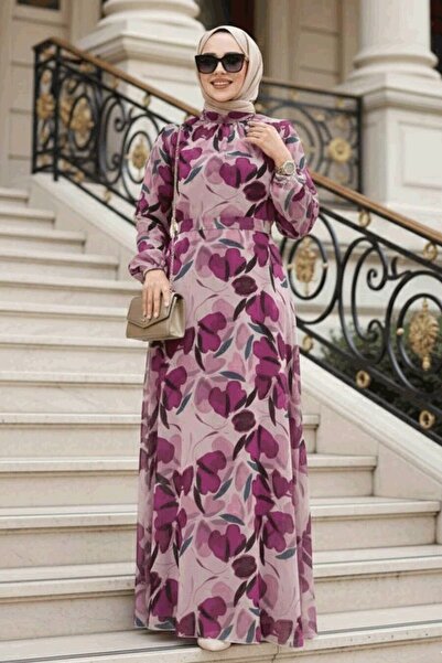 Neva Style Floral Patterned Plum Hijab Dress 279901 Mu