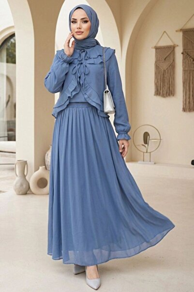 Neva Style طقم تنورة قميص إسلامي مكشكش باللون الأزرق النيلي 1397IM