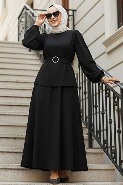 Neva Style Belted Black Hijab Skirted Two-Piece Set 20024S