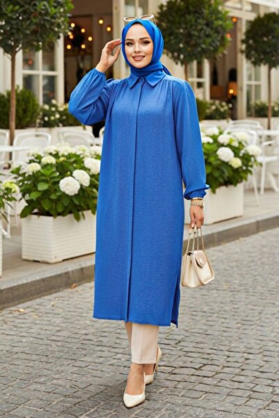 Neva Style Düğmeli İndigo Mavisi Tesettür Tunik 41401IM