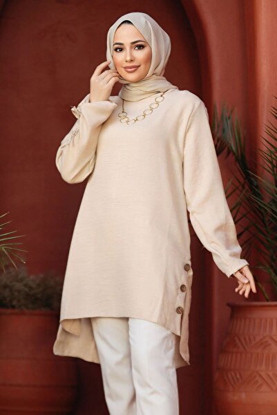 Neva Style Button Detailed Beige Hijab Tunik 41281BEIGE