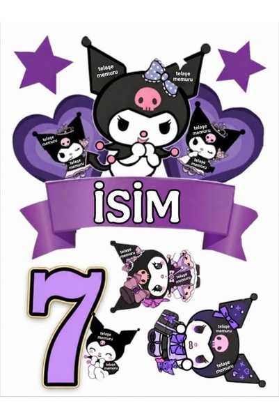 telaşe memuru İSİMLİ - 7 Yaş Kuromi Pasta Süsü - Pasta Resmi ve Pasta Baskısı...