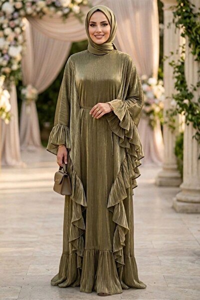N.S NEVA STYLE Ruffle Detailed Belted Khaki Hijab Evening Dress 5740Hk