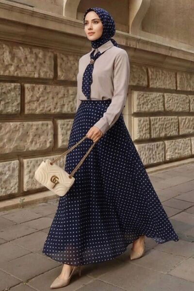 Neva Style Puantiyeli Etekli Gömlek Lacivert Tesettür İkili Takım 1386L