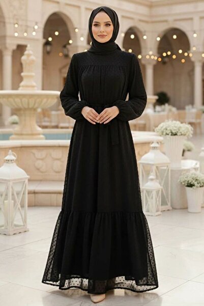 N.S NEVA STYLE فستان سهرة أسود من الدانتيل مع حزام 15335S
