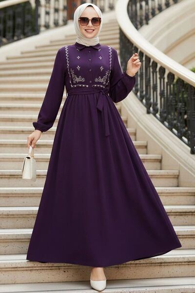 N.S NEVA STYLE فستان حجاب بنفسجي بتفاصيل مزخرفة 10304MOR