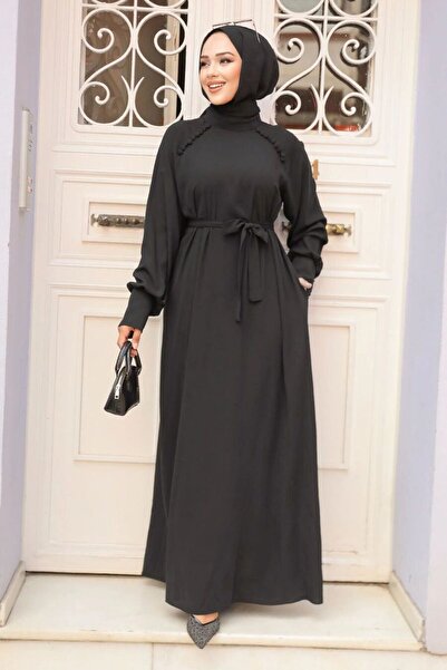 Neva Style Belted Black Hijab Dress 33014S
