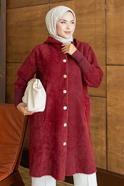 N.S NEVA STYLE Hooded Buttoned Long Burgundy Beard Angora Hijab Knitwear Card...