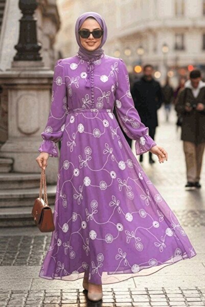 Neva Style Çiçek Desenli Lila Tesettür Elbise 32944LILA