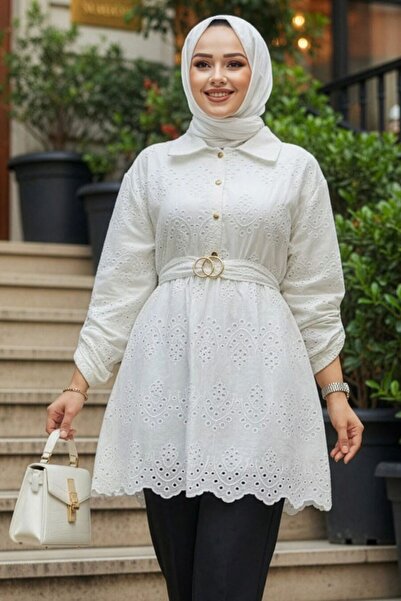 Neva Style Güpürlü Beyaz Tesettür Tunik 14252B