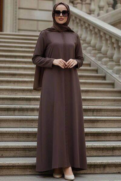N.S NEVA STYLE Zippered Brown Hijab Robe 45312Kh